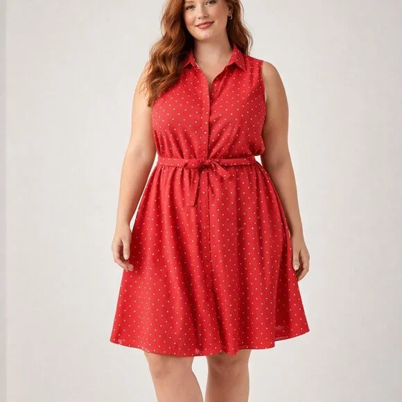❤️ Larry Levine Polka Dot Dress | Red Fit & Flare | Belted Waist | Classic Style - Picture 2 of 5